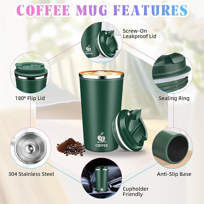 17oz Insulated Travel Coffee Mug with Flip Lid – Leakproof Stainless Steel Insulated Coffee Tumblers, Reuable Coffee Cup for Hot & Cold Drinks, Perfect for Camping & On-the-Go