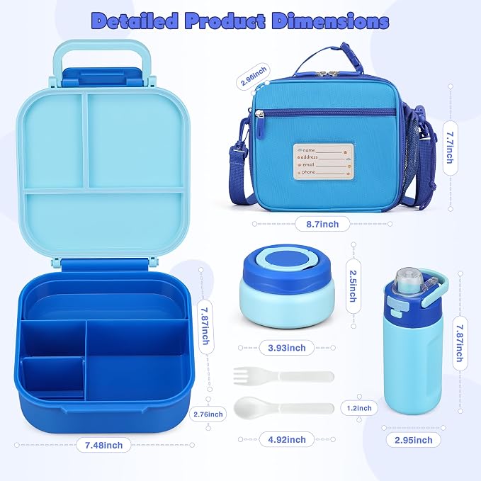 Bento Lunch Box for Kids with 7oz Soup Thermo,Insulated Stainless Steel Kids Water Bottle with Straw and Insulated Lunch Bag,Leak-Proof Lunch Food Container with Ice Pack for School(Blue)