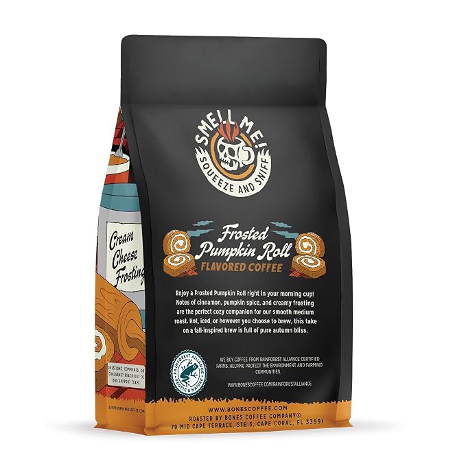 Bones Coffee Company Frosted Pumpkin Roll Flavored Coffee, Medium Roast Low Acid Arabica Beans Compatible with Auto drip and French Press Coffee Maker, 12 Oz Ground