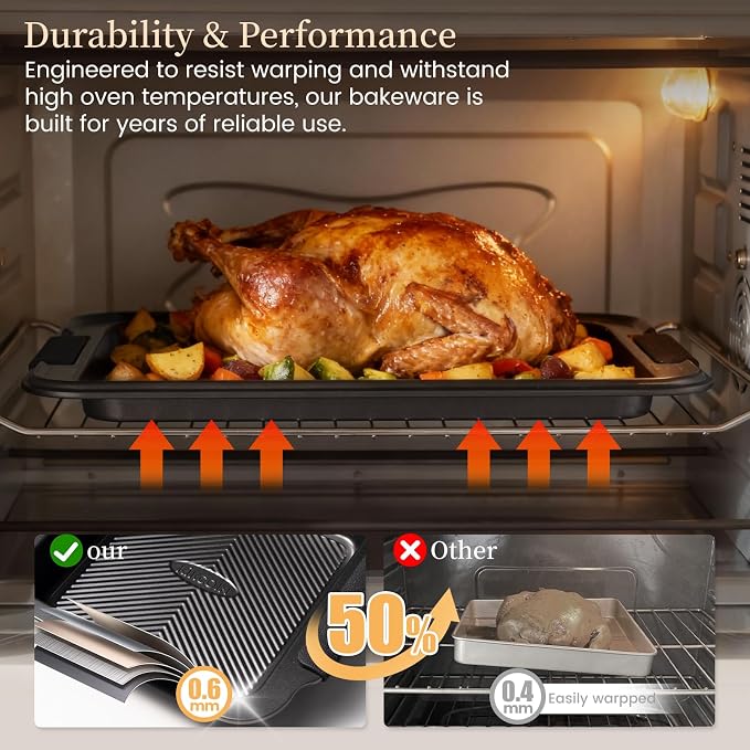 Kikcoin 25-Piece Nonstick Baking Pans Set with Large Turkey Roasting Pan, Stackable Bakeware Set, 450°F Oven Safe Baking Sheet Set with Silicone Handles, Carbon Steel Cookie Sheets for Baking, Black
