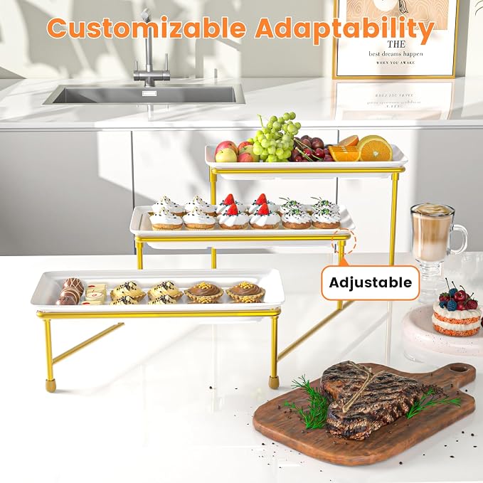 3 Tier Serving Tray, 15" Steel Stand, BPA Free Tiered Platter, Gold | Steel Frame, Sturdy & Stable. For Cookies, Veggie, Dessert & Fruit. Ideal For Parties & Weddings.