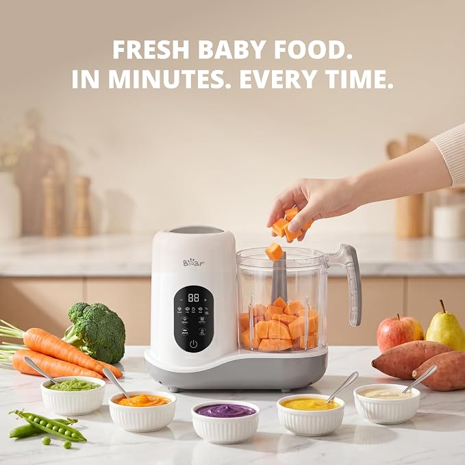 BEAR 2024 Baby Food Maker, One-Step & Easy to Use, Smart Touchscreen, White | All-in-One Homemade Baby Food Maker for Healthy Feeding, LED Display Panel, Auto-Cooking and Self-Cleaning Function