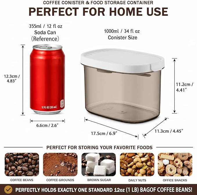 Airtight Coffee Canister, 34oz with Magnetic Scoop, Bean Storage | BPA Free, 1000ml/1.06 Qt，for Ground Coffee, Beans, Tea, Sugar, Office Snacks, Pantry Storage, Light Blocking, Stackable