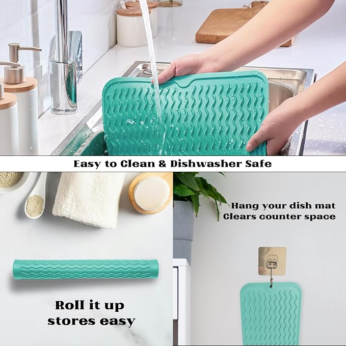 ZLR Small Dish Drying Mat for Kitchen Counter, 6"x17", Mint Green | Narrow Silicone Drainer for Apartment, Dorm & RV, Wavy Ridges Quick-Dry, Non-Slip, Rolls Up, Dishwasher Safe