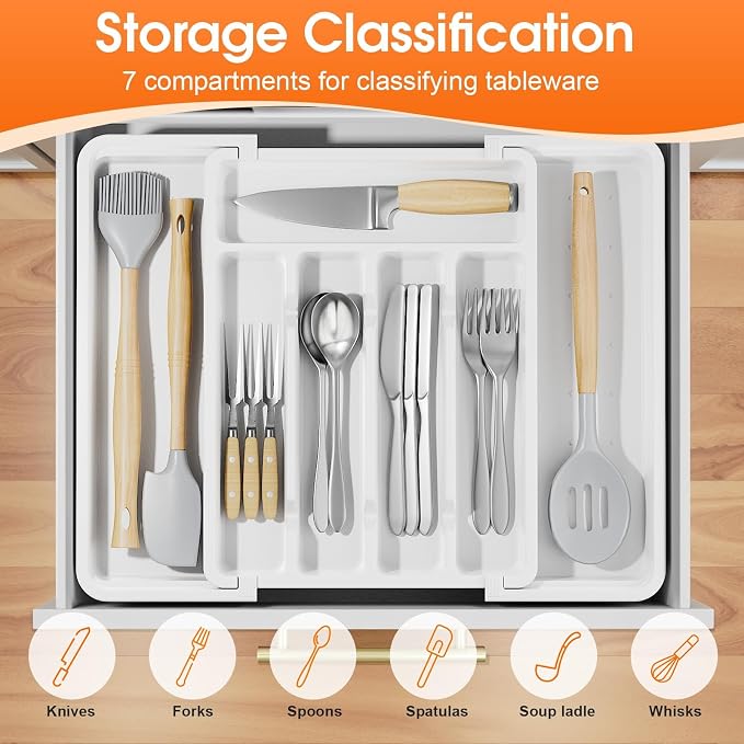 SpaceHacks Silverware Organizer，Adjustable & Expandable Drawer Organizer | Utensil Drawer Organizer, BPA Free Utensil Holder, Cutlery Tray for Forks, Spoons, Knives in Kitchen, Medium, White