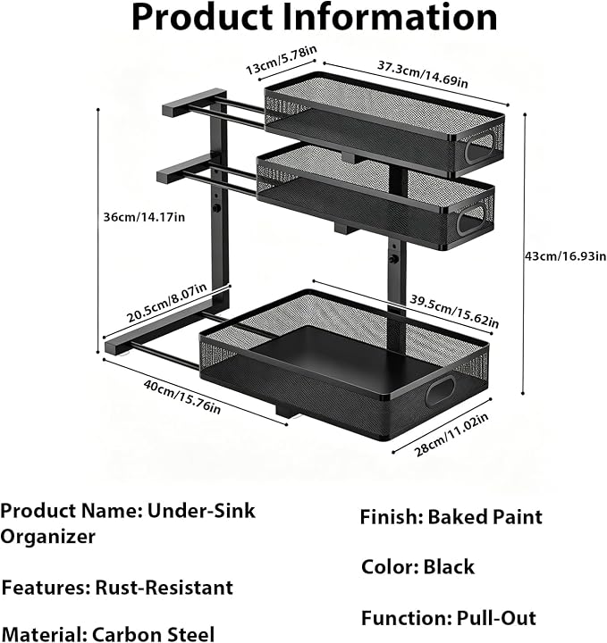 2 Pack Bathroom Under Sink Organizer, 3-Tier Pull Out Kitchen Cabinet Organizer with 5 Adjustable Heights Metal Slide Out Storage Makeup Drawer Rack for Bedroom Office Pantry Home Organization, Black
