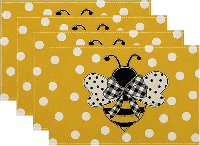Bumble bee Placemats Set of 4, Yellow Polka Dots Honey Bee Decorative Table Mat 12 x 18 Inch Heat Resistant Non Slip Line Fabric Summer Place mat for Holiday Party Kitchen Dining Decor