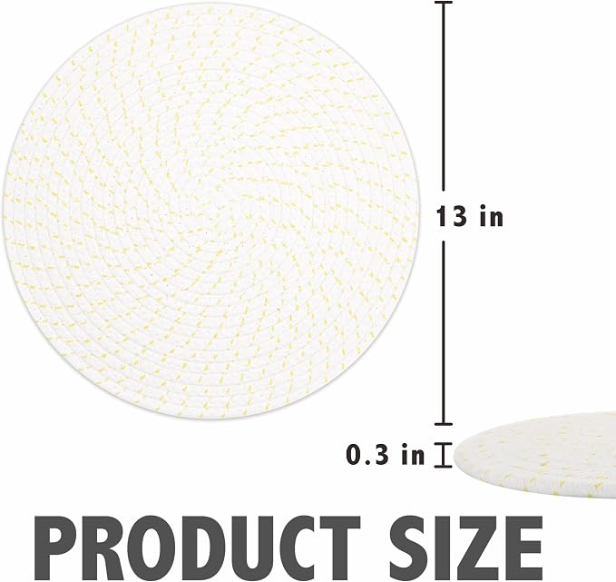 Round Placemats Set of 6, Cotton Rope Woven Table Mats, Hot Pads for Kitchen, Non Slip Heat Resistant Place Mats, 13 Inches Braided Placemat for Farmhouse Decor and Kitchen Table Decor (Beige Line)