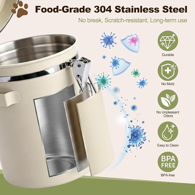 Dog Treat Container Airtight, 1.9 Qt 304 Stainless Steel Dog Treat Jar & Pet Treat Canister with Scoop, Date Dial, Locking Clamp, Silicone Seal for Dog Biscuits, Cookies, Training Snacks