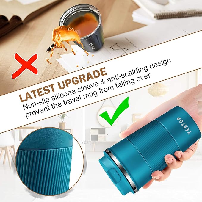 Insulated Travel Coffee Mug 16 oz, Spill Proof Coffee Mug To Go, Leakproof Stainless Steel Coffee Tumblers Reusable Thermal Coffee Cup with Lid for Hot & Cold Drinks (Blue, 510ml)