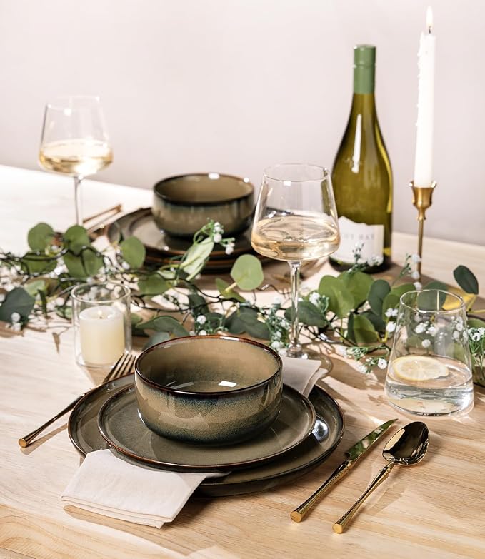Ceramic Dinnerware Set for 4, 16-Piece Plates and Bowls Set | Handmade Reactive Glaze Dish Set, Scratch Resistant, Oven & Microwave & Dishwasher Safe, Mocha Brown