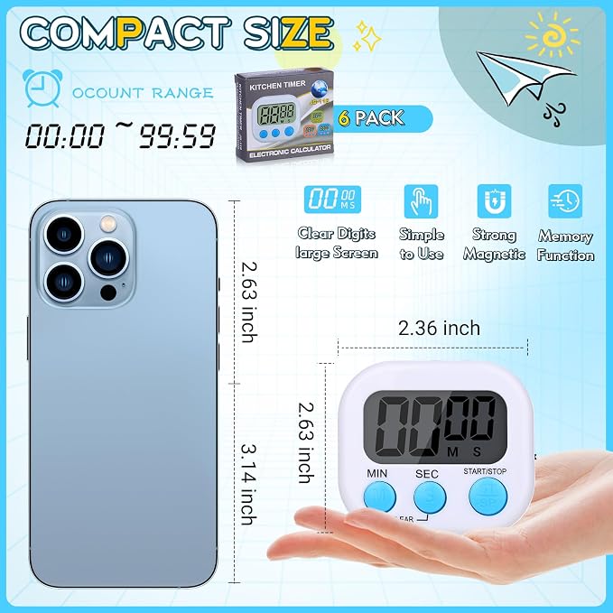Mwellewm Kitchen Timer 6 Packs Digital Timers for Classroom Small Magnetic Countdown Stopwatch for Cooking Mini Loud Alarm Stop for Kitchen Study Work Baking Sports Games Timer Clock