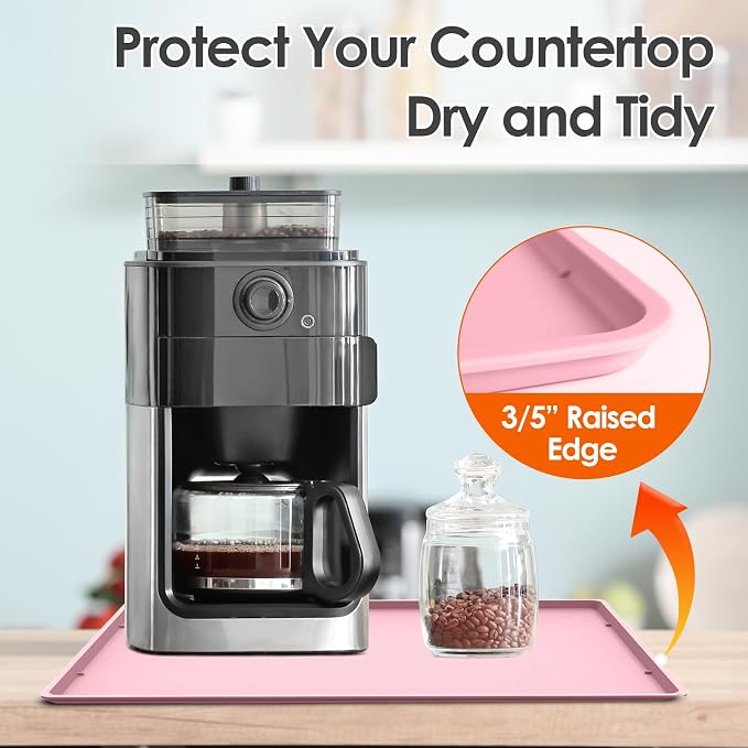 Silicone Coffee Maker Mat with Lip for Countertops, 19.7'' x 15'', Pink | Multi leak-proof coffee tray for countertop, non-slip silicone tray for under coffee machine espresso accessory, wipe-clean