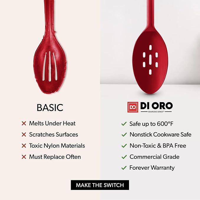DI ORO Silicone Cooking Spoons - Solid & Slotted Set, 2-Pc Red | Large heads for mixing, serving, and stirring; Heat-resistant to 600F for nonstick cookware; BPA-free and dishwasher safe