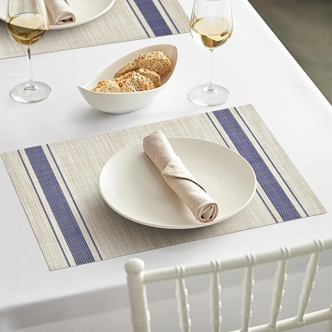 Khaki-Blue Placemats Set of 4, 12x18 Inch Heat Resistant Non-Slip Washable Durable Table Placemats for Holiday Party Kitchen Dining Room Decoration