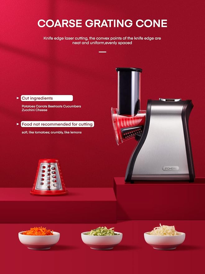 FOHERE Electric Cheese Grater Salad Maker, Electric Slicer Shredder for Home Kitchen Use, One-Touch Easy Control, Electric Grater for Vegetables, Cheeses and Nuts, BPA-Free, Red | Home Kitchen Use, One-Touch Easy Control, Electric Grater for Vegetables...