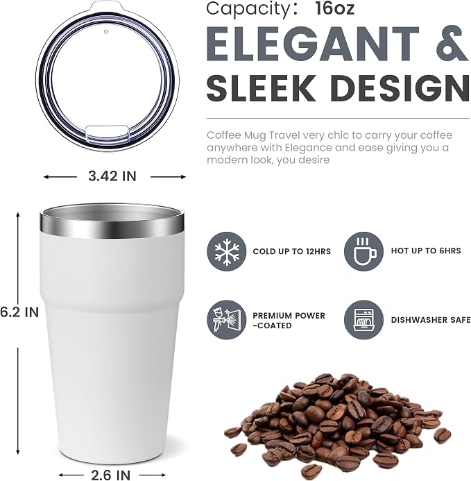 MEWAY 16oz Tumbler Double Wall Vacuum Insulated Travel Mug Bulk, Stainless Steel Tumblers with Lid, Powder Coated Coffee Cups for Cold & Hot Drinks (White,12 Pack)