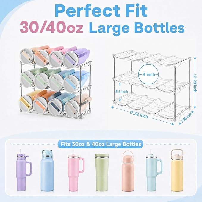 Stackable Water Bottle Organizer for Cabinet for Stanley 40 oz Tumbler | Large Compartment Tumbler Organizer, Stanley Cup Organizer Holder, Kitchen Countertop Organization & Storage, 3 Pack
