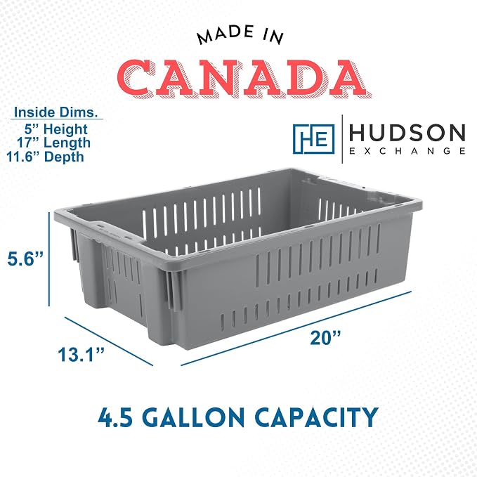 Hudson Exchange 20 x 13 x 5.6" (4 Pack, 4.5 Gallon) Agricultural Nest and Stack Vented Crate Handled Storage Container Tote, Gray