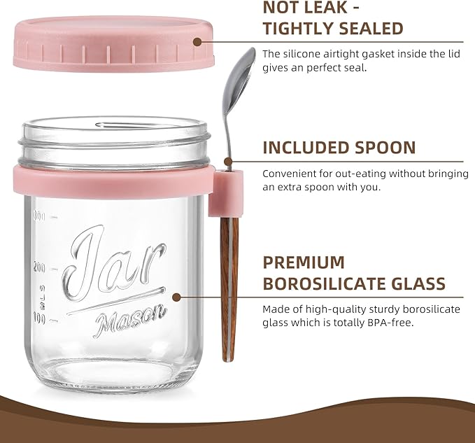 LANDNEOO 4 Pack Overnight Oats Containers with Lids and Spoons, 16 oz Glass Mason Jars with Airtight Lids, Overnight Oats Jars for Milk, Cereal, Fruit-Pink