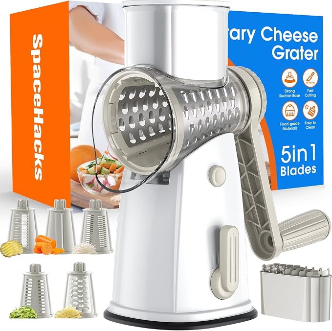 Rotary Cheese Grater Hand Crank, 5-in-1 Vegetable Chopper Spiralizer Slicer | Shredder with 5 Interchangeable Blades for Vegetable, Cheese, Fruit, with Blades Storage Box & Stable Suction Base (White)