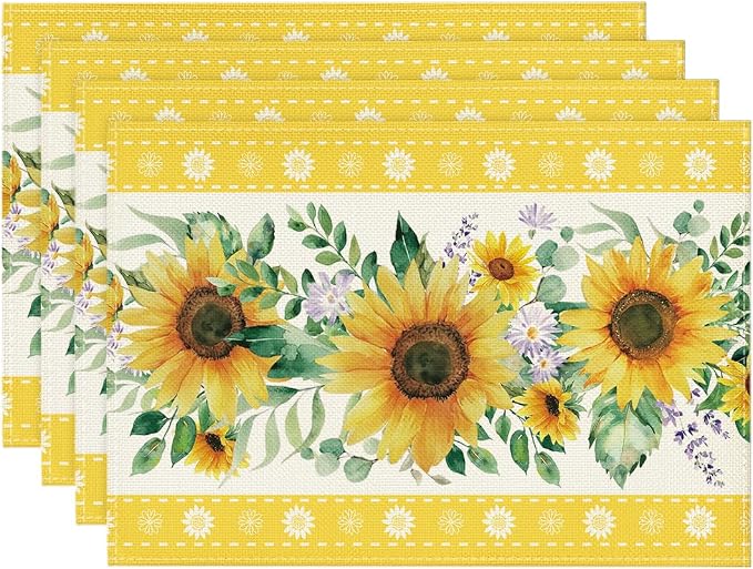 Artoid Mode Sunflowers Leaves Flower Summer Placemats Set of 4, 12x18 Inch Seasonal Holiday Table Mats for Party Kitchen Dining Decoration