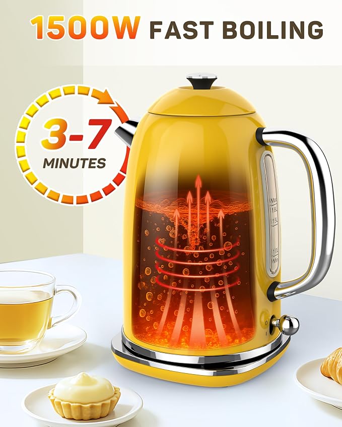 Harriet 61 oz Electric Kettle with Thermometer, Hot Water Pot, Retro | Electric Tea Kettle for Boiling Water, 1500W Stainless Steel Pot, Auto Shut-Off & Boil Dry Protection, Cordless LED Indicator