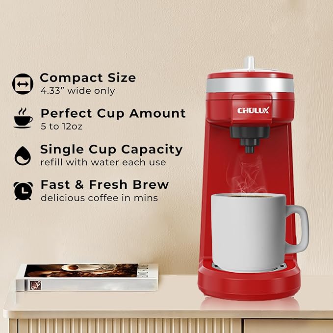 CHULUX Mini Single Cup Coffee Maker for K Pod, Perfect for Small Space, Red | Fast-Heating Boiler System, Single Cup Brewing, Portable Compact Design, Four-Hole Multi-Stream Needle, Adjustable Drip Tray