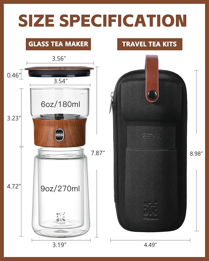 ZENS Glass Infuser Teapot, One Touch Tea Maker for Loose Leaf Tea, Walnut | Modern Tea Diffusers, Magic Tea Pot with 9oz Insulated Mug and Portable Bag for Tea Lovers Gifts