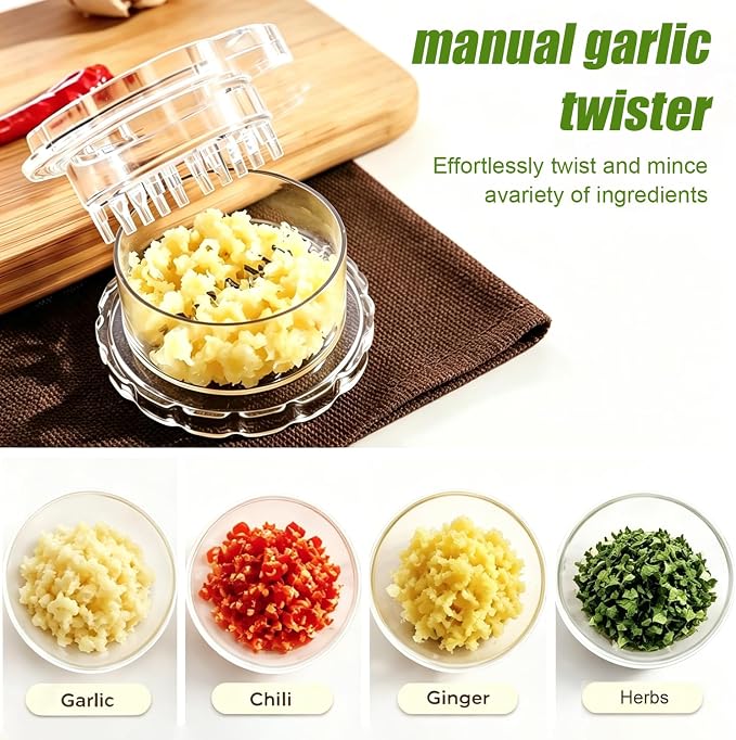 Clear Manual Garlic Twister Mincer, Crusher & Grinder for Ginger, Herbs | Clear Body Shows Mincing Texture, No-Blade Twist Design, Safe & Compact, Easy to Clean and Store