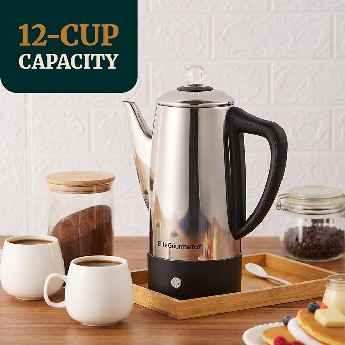 Elite Gourmet EC812 Electric 12-Cup Coffee Percolator, Stainless Steel | Keep Warm, clear brew progress knob, cool-touch handle, cordless serving base - great for entertaining