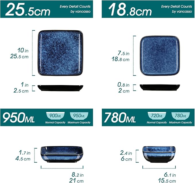 vancasso Stern Square Stoneware Dinnerware Set for 4,16 Piece Dining Set | Reactive Glaze Plates and Bowls Set, Chip and Scratch Resistant, Microwave & Dishwasher Safe for Everyday Dining,Blue
