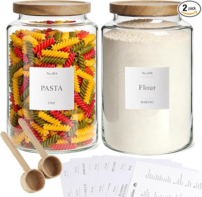 2 PCS Flour Sugar Storage Containers Glass Jar,4000ml/1 Gallon/4.2 Qt/135oz | Large Glass Food Storage Jars with Wood Airtight Lids,for Tea,Spice,Cereal Rice Flour Pasta Sugar