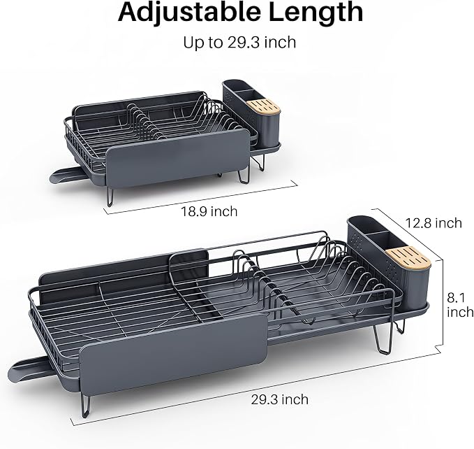 SNTD Large Dish Drying Rack for Kitchen Counter, Expandable, Grey | Stainless Steel Dish Drainer, Adjustable Length 18.9''-29.3'', Automatic Drainage, 360° Spout, Cutlery Holder with Knife Slot