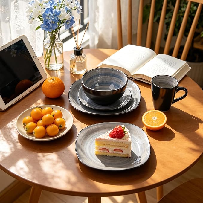 HomeVss, Stoneware Square 16pc Dinnerware Set, Inside Spinwash Swirl Grey + Outside Black
