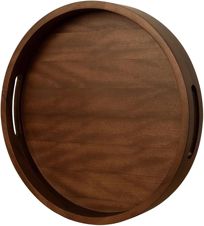 Extra Large Ottoman Tray, 16" Round Black Walnut Wood Serving Tray | Farmhouse Wooden Decorative Tray with Handles, Oversized Coffee Table Tray, Serving Platter Tray for Living Room, Countertop