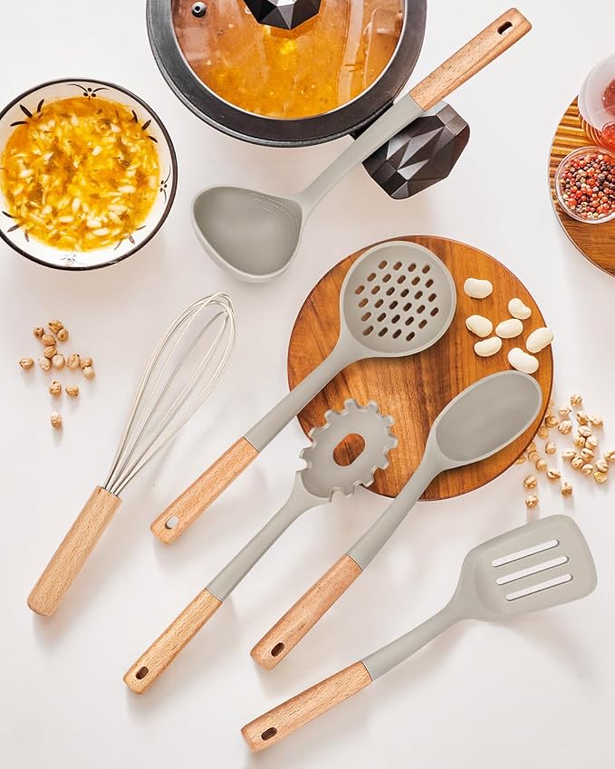 13PCS Silicone Kitchen Utensils Set for Nonstick Cookware, Khaki | Food Grade, Heat Resistant Kitchen Utensil Spatula Set, Wooden Handles Kitchen Gadgets Tools Set