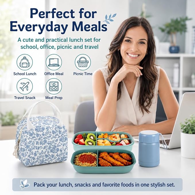 Bento Lunch Box Set for Women, with 12oz Soup Thermo, with Leak-Proof Food Containers, Insulated Lunch Bag for Girls for Travel Picnic