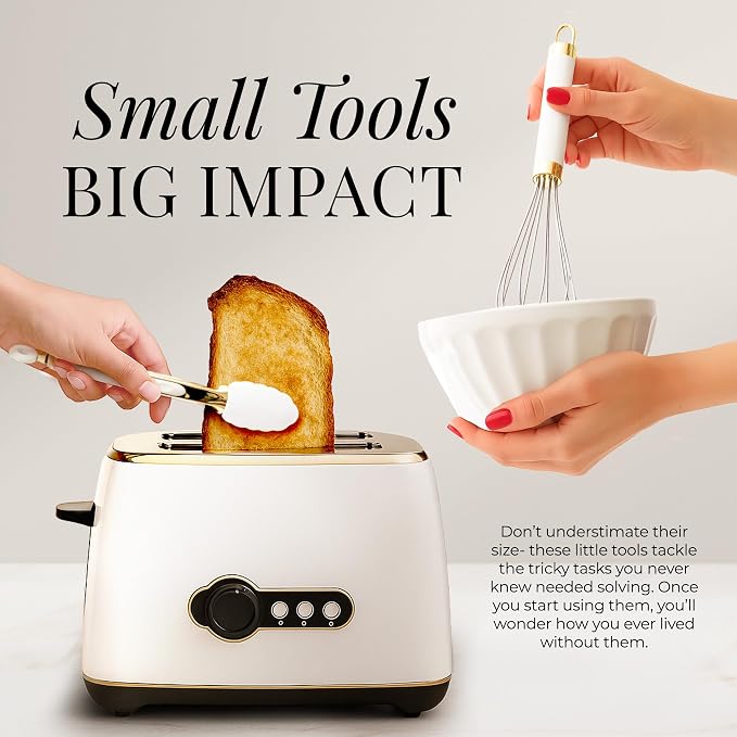 Styled Settings White & Gold Cooking Utensils Set, 8-Piece | Kitchen Utensils Set Includes Can Opener, Tongs and Garlic Press, White and Gold Kitchen Accessories for Kitchens