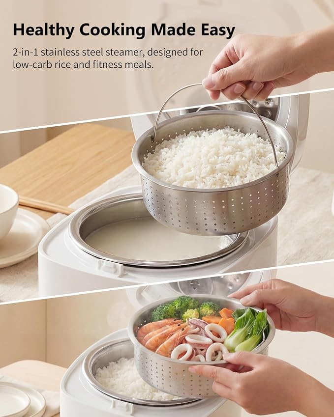 Novaspark Low Carb Rice Cooker Stainless Steel Inner Pot, Mini Stainless Steel Rice Cooker Small 5 Cup, LED Display Low Sugar Rice Maker, 24H Timer and Auto Keep Warm, White Rice/Porridge/Oatmeal
