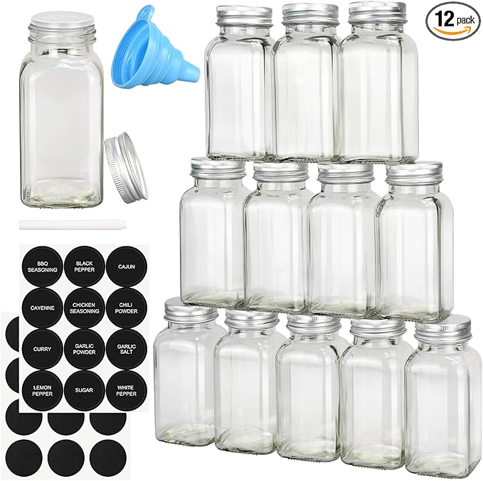 DkOvn 12pcs Glass Spice Jars with Labels, 6oz Empty Spice Jars | with Mental Caps, Shaker Lids, Collapsible Funnel, Chalk Pen, Seasoning Organizer for Spice Rack