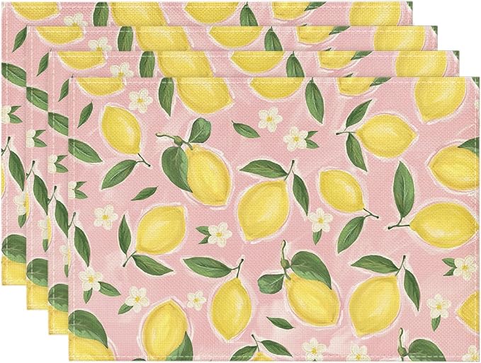 Artoid Mode Pink Lemon Flower Floral Summer Placemats Set of 4,12x18 Inch Seasonal Spring Table Mats for Party Kitchen Dining Decoration