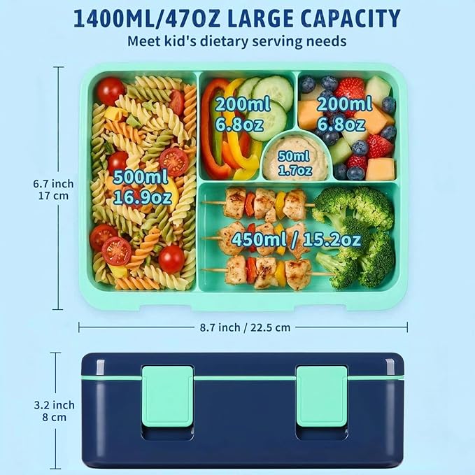 rockpapa Chill Bento Box for Kids- Large 5.5 Cups Lunch Box with Ice Pack - 5 Compartments, BPA-Free, Leak Proof, with Utensils & Portable Handle, Microwave/Dishwasher Safe (Blue Rocket)