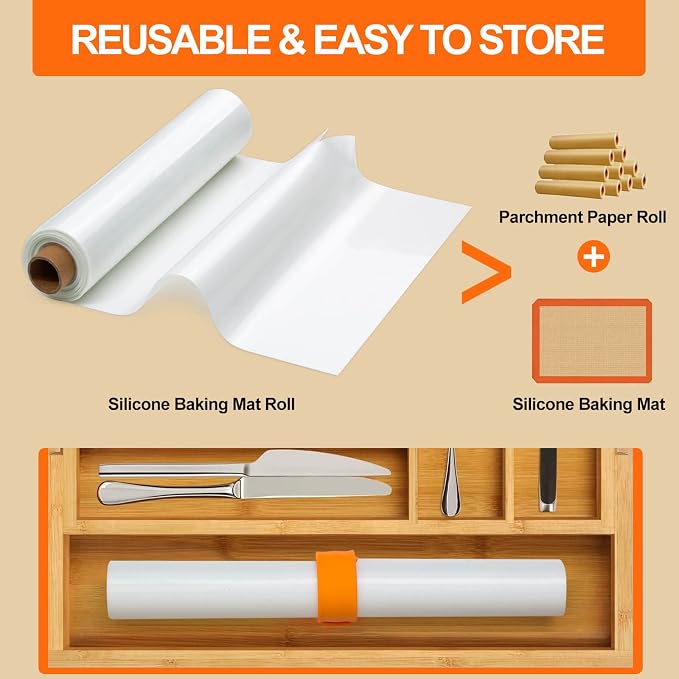 Silicone Baking Mat Roll -16IN x 10FT Non Stick Heat Resistant Food Grade Baking Mats, No Slip Reusable Freeze Dryer Mat,Pastry Mat,Countertop Protector Mat, Washable Oil-Proof Refrigerator Liners