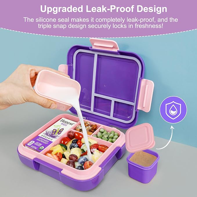 Caperci Bento Box for Kids Age 4-8 - Leak-Proof Toddler Lunch Box Container with 2 Modular Containers & 4 Compartments, Hold 4.8 Cups, Portable Handle, BPA-Free, Microwave/Dishwasher Safe (Unicorn)