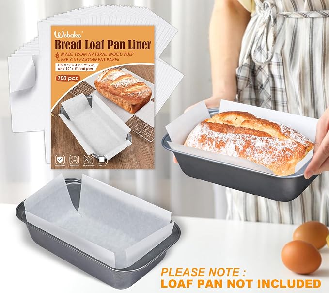 Webake Unbleached Parchment Paper Loaf Pan Liners for Baking Bread 9x5, 1lb 1.5lb 2lb, Original Precut, Non Toxic Baking Paper 100Pcs