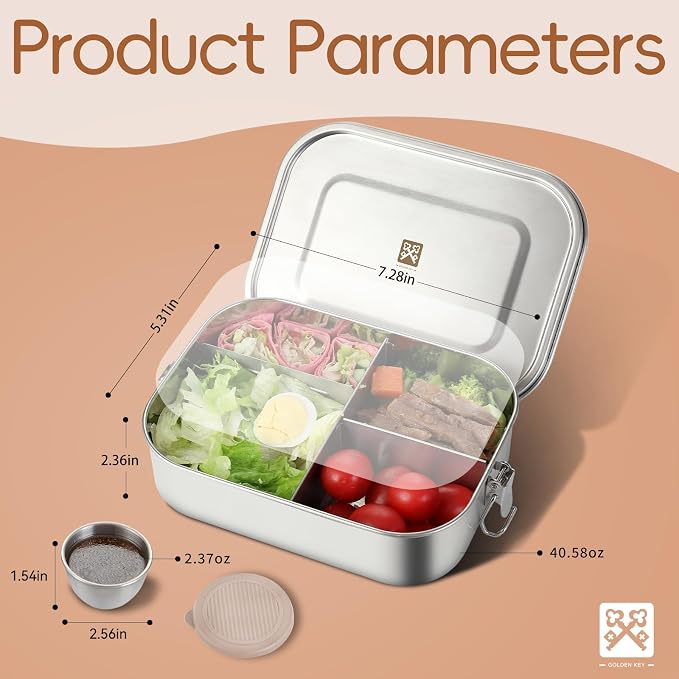 GOLDEN KEY 40oz Stainless Steel Bento Box for Kids & Adults,1200ml Leak-Proof Metal Lunch Container with Lockable Clips, BPA-Free Food Storage for School, Travel & Work, Dishwasher Safe