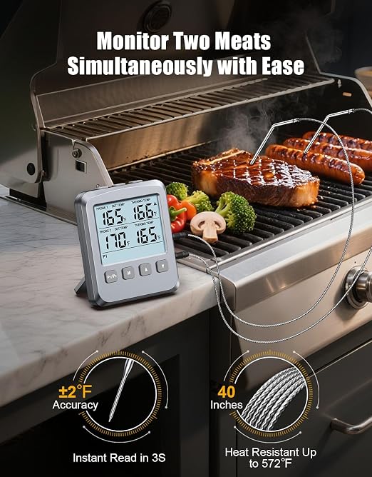 Dual Probe Meat Thermometer Digital for Cooking, Grilling & Smoking | Large LCD Backlight & Alarm, Kitchen Food Grill Thermometer, Smoker Accessories for BBQ Oven Oil Fry, Gifts for Men Dad