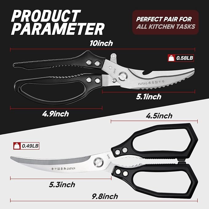 TIVOLI Black Japanese Kitchen Shears Set for Chicken Bones, Meat & Turkey | Japanese SK5 High-carbon Stainless Steel, Ergonomic Non-Slip Handle, Gift Box, for Meat, Chicken Bones and Turkey