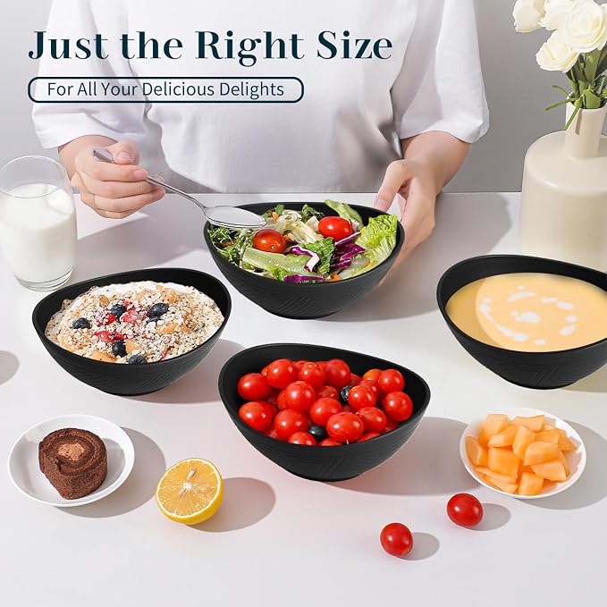 Plastic Bowls 26 OZ, Unbreakable Wheat Straw Bowl 4 PCS, Microwave and Dishwasher Safe Oval Bowls for Serving, Dinner, Lightweight Kitchen Bowl for Soup, Cereal, Fruit - Black